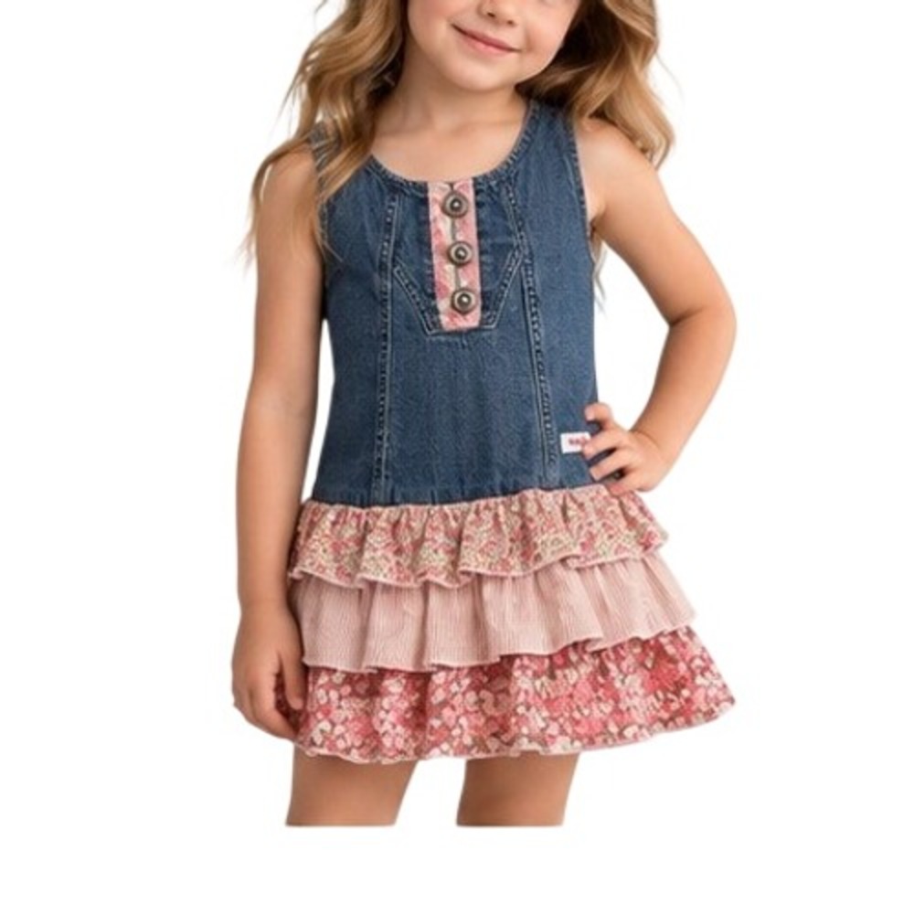 Naartjie Denim Tiered Ruffle Dress Size 5 Pink Excellent Boho Floral Skirt